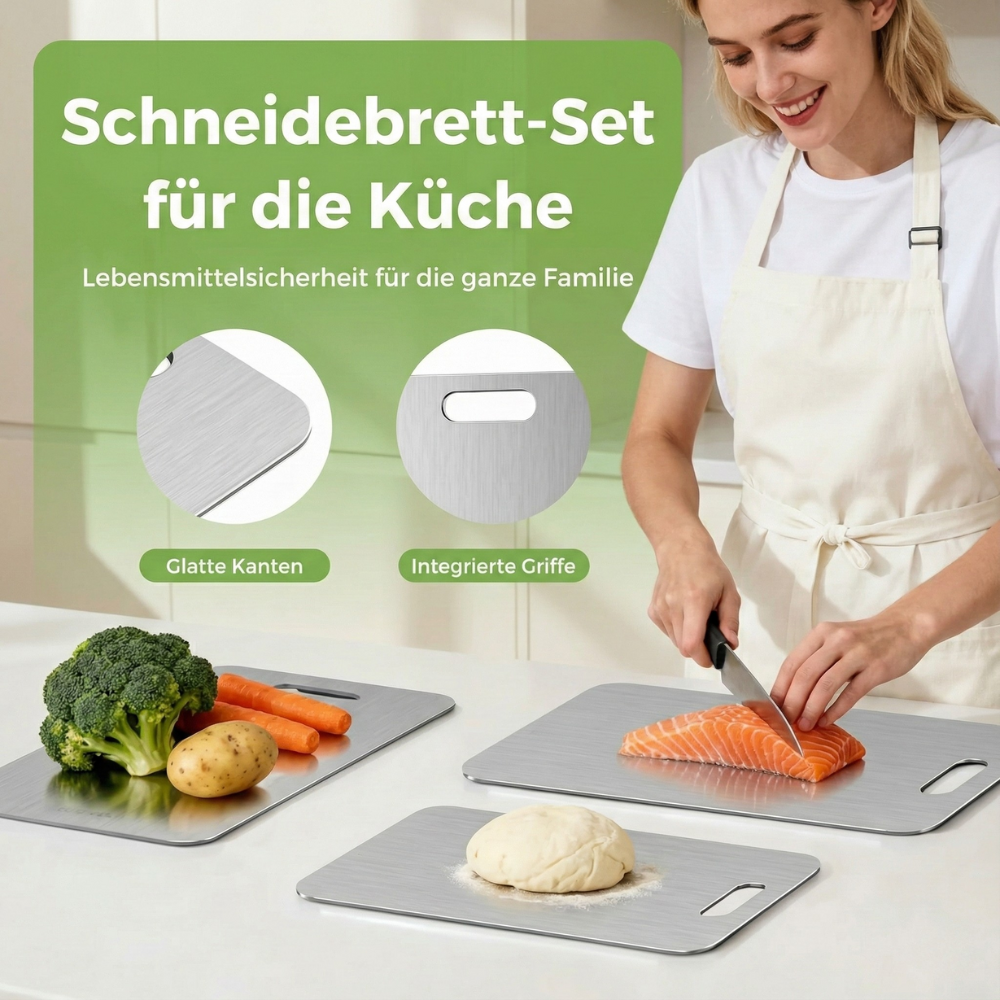 Titan Schneidebrett, Schneidebrett aus 100% Titan für die Küche, Doppelseitige Titanbretter mit getrennten Bereichen für Rohkost und Gekochtes, giftfrei, spülmaschinenfest (S+M+L)