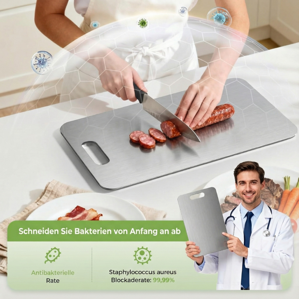 Titan Schneidebrett, Schneidebrett aus 100% Titan für die Küche, Doppelseitige Titanbretter mit getrennten Bereichen für Rohkost und Gekochtes, giftfrei, spülmaschinenfest (S+M+L)